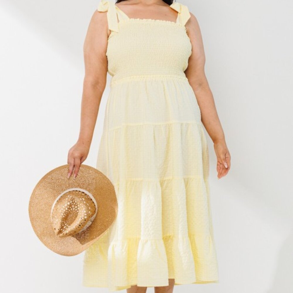 Oddy Plus Size Yellow Tiered Dress Tie Shoulder Straps Smocked Bust NWT